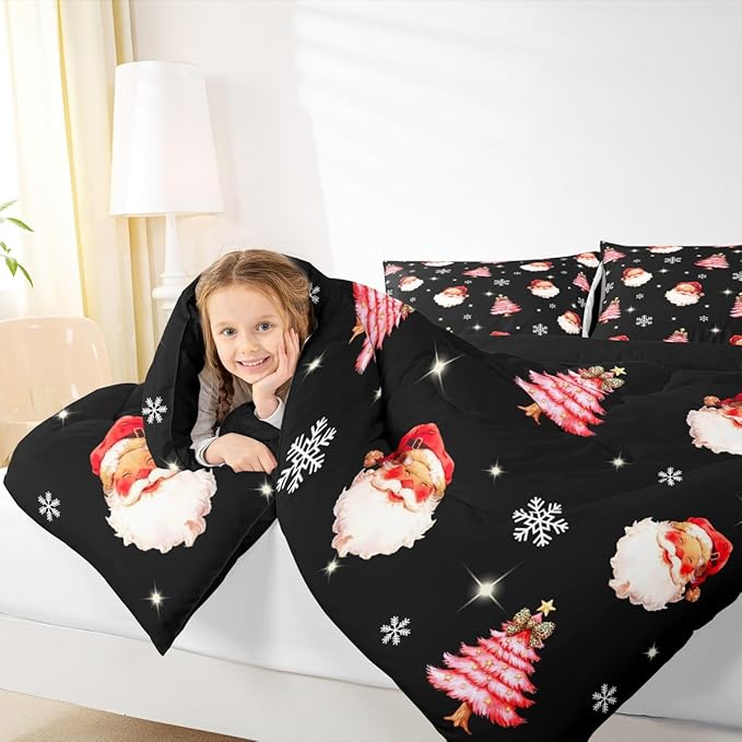 jejeloiu Kids Christmas Theme Comforter Set Toddler Xmas Tree Cute Santa Claus Bow Bedding Set for Boys Girls Teens Winter Snowflake Happy New Year Duvet Quilt Room Decor