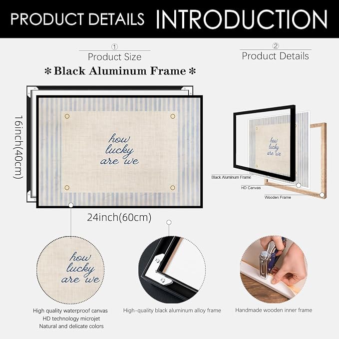 How Lucky Are We Quote Wall Art Navy Blue Positive Affirmations Poster 16x24 inch Black Framed Trendy Minimalist Aesthetic Canvas Prints for Dorm Bedroom Wall Decor