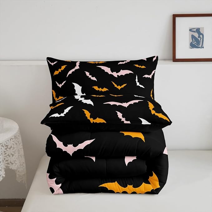 Erosebridal Bat Bedding Set Happy Halloween Comforter Set King Size for Kids Boys Bedroom Pink and Orange Bat Quilt Gothic Spooky Style Duvet Insert with 2 Pillow Cases