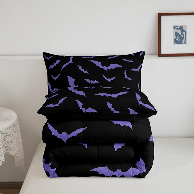 Erosebridal Happy Halloween Comforter Set with 2 Pillow Cases Dark Purple Gothic Bats Quilt Queen Size for Kids Boys Black Spooky Cartoon Gothic Bedding Set