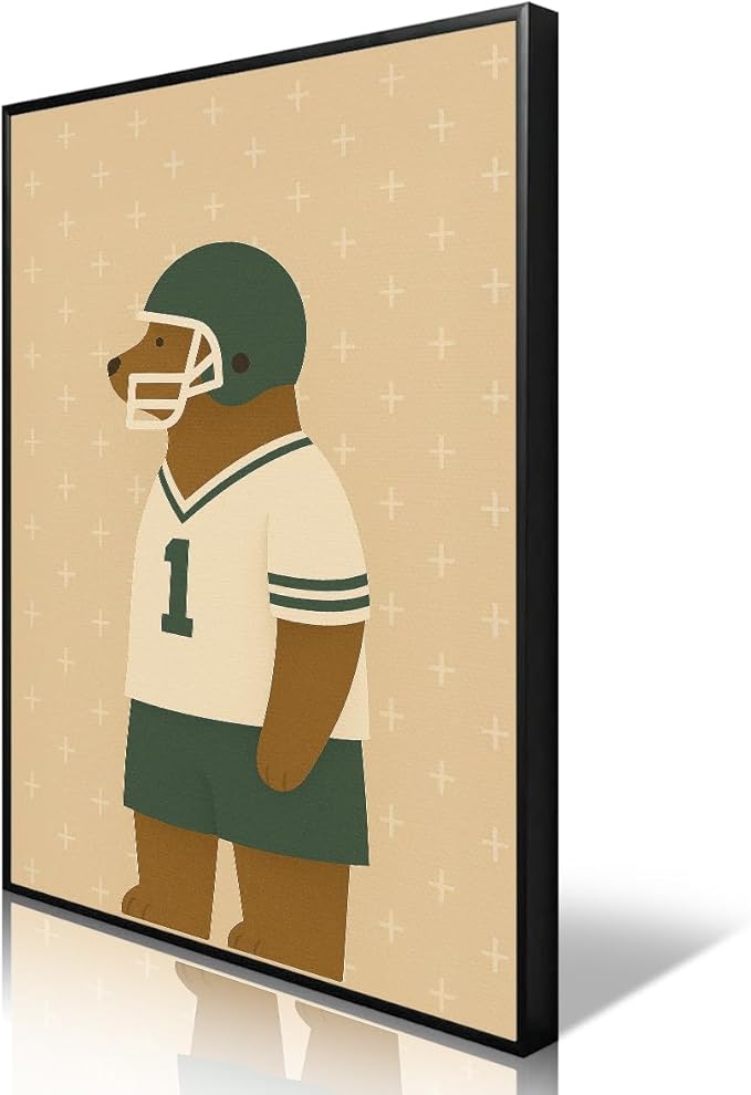 Football Poster Canvas, Baby Boy Sports Nursery Wall Art, Animal Bear Athletes Pictures, Run Fast Jump High Charming Quote Print, Kids Bedroom Soccer Equipment & Field Decor 12x16in Wrapped Canvas