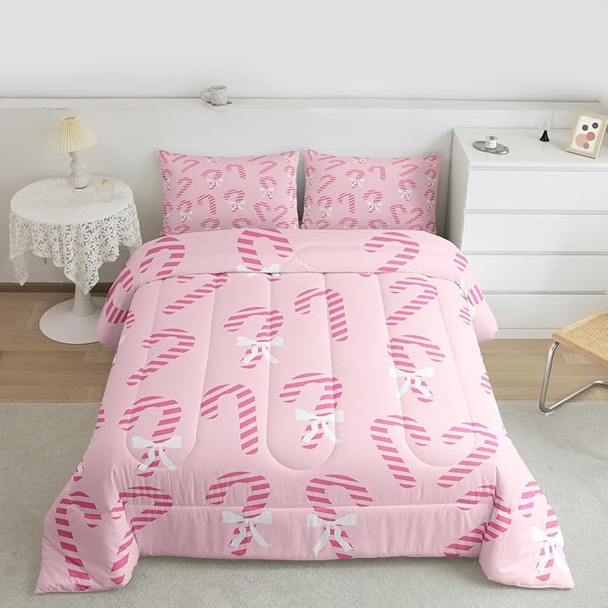 Feelyou Merry Christmas Comforter Set Toddler Size Pink Candy Cane Bedding Set for Kids Boys Girls Bow Duvet Quilt Bedroom Decor Microfiber 2 Pcs with 1 Pillow Cases