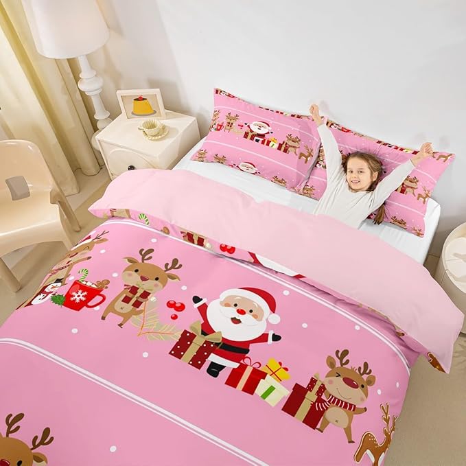 Christmas Bedding Duvet Cover Set Kids Cartoon Santa Claus Bedding Set Boys Girls Deer New Year Decor Comforter Cover Set Microfiber Gift Boxes Xmas Theme Bedspread Cover Bedroom Bedclothes Twin Size