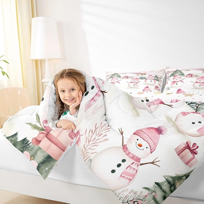 Manfei Merry Christmas Comforter Set Toddler Size,Cute Snowman Pine Trees Deer Bedding Set 2pcs,New Year Theme Down Comforter for All Season,Kids Boys Girls Room Decor,1 Pillowcase,No Sheets
