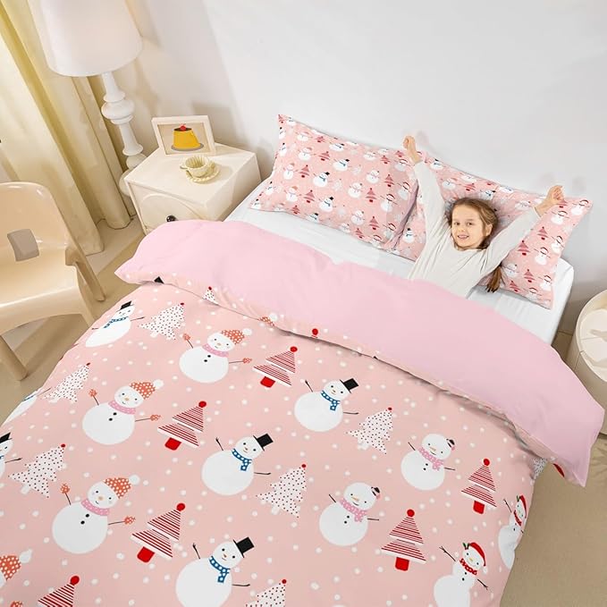 Christmas Duvet Cover Cartoon Snowman Christmas Tree Bedding Set Snowflake Comforter Cover for Boys Girls Children Teens Bedroom Decor Pink Xmas Theme Bedspread Cover Toddler Size With 1 Pillow Case