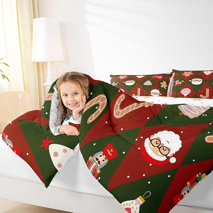 Feelyou Merry Christmas Bedding Set Soft for Boys Girls, Santa Claus Comforter Set Full Size Xmas Tree Nutcracker soldier Duvet Quilt Microfiber Gingerbread Man Bedroom Decor 3 Pcs with 2 Pillow Cases