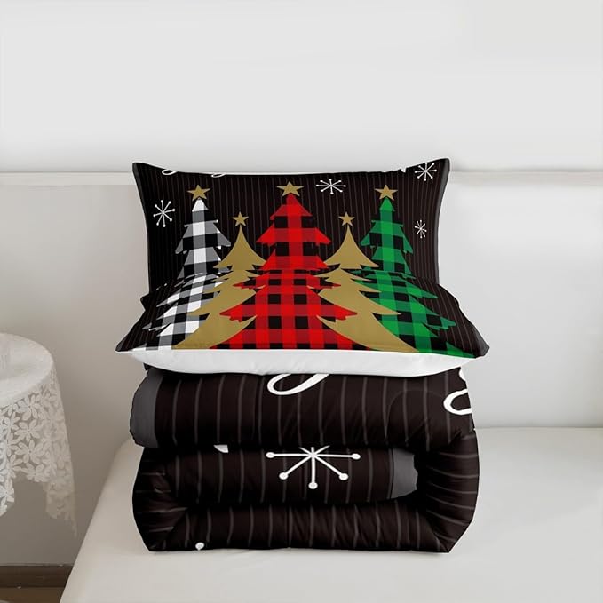 Christmas Kids Comforter Set King Size,Plaid Pine Trees Snowflake Bedding,Girls Boys Adults Bedroom/Xmas Cabin Decor,Geometric Lines Stylish Down Comforter,Rustic Colorful Duvet Insert,2 Pillowcases