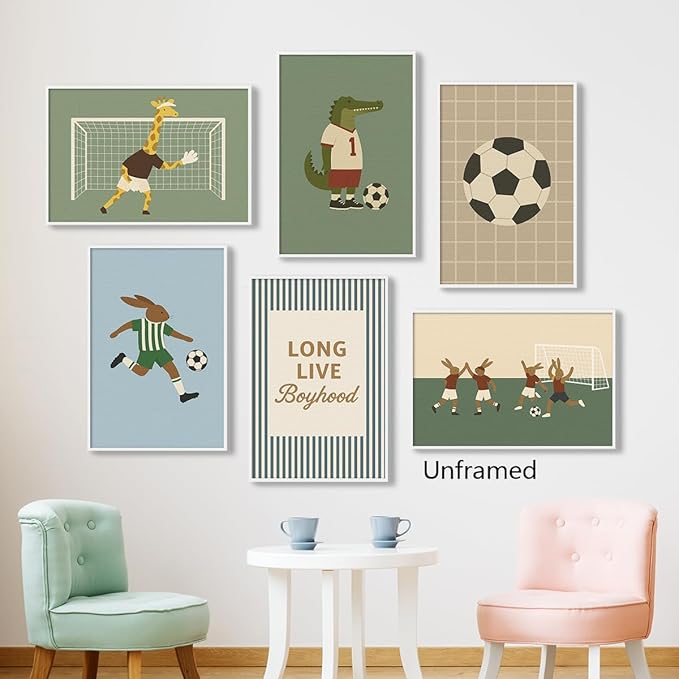 Soccer Posters, Nursery Animal Sports Posters, Long Live Boyhood Inspirational Quote Print, Football Athletes Giraffe Rabbit Crocodile Pictures, Boys Bedroom Sports Artwork 8x12in Framed