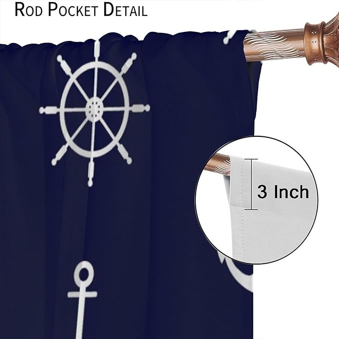 Nautical Rudder Curtains,MarineThemed Oceanic Anchor Pattern Blackout Print Home Bedroom Living Room Window Treatments 2 Panel Set 52x84 Inch