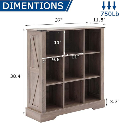 9 Cube Storage Organizer, 3 Tier Book Shelf with Led Lights, Farmhouse Book Shelves for Living Room, Horizontal Toy Storage Bookshelf, Wood Display Bookcase Cabinet for Bedroom, Office, Grey