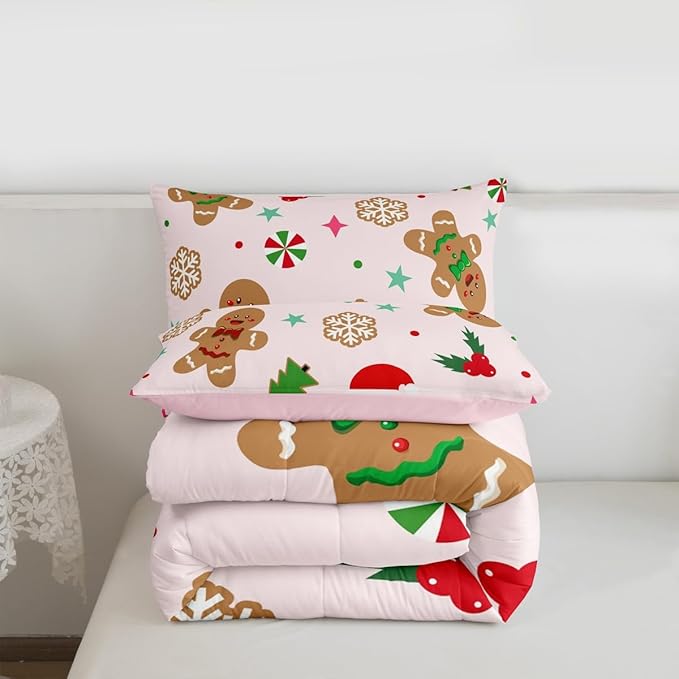 Feelyou Merry Christmas Kids Comforter Set King Size Gingerbread Man Bedding Set Xmas Tree Duvet Quilt for Kids Boys Girls Bedroom Red Berries Snowflake Decor Microfiber Ultra Soft Breathable
