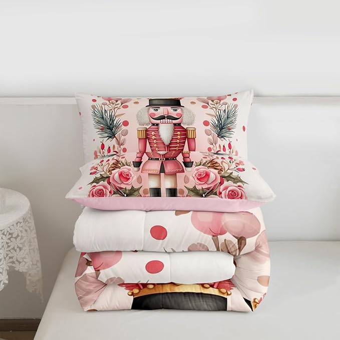 Feelyou Christmas Decor Nutcrackers Comforter Set All Season Pink Christmas Bedding Set with 2 Pillow Cases Funny Nutcracker Kids King Bedclothes Rose Decor Berries Duvet Quilt Soft Lightweight