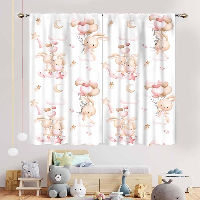 Rabbits Curtains, Kids Boys Girls Cartoon Cute Lovely Animals Moon Cloud Ballon Pastel Pink Window Drapery Treatments for Baby Living Room Bedroom Nursey Toddler 2 Panels, 84"x84" Inch
