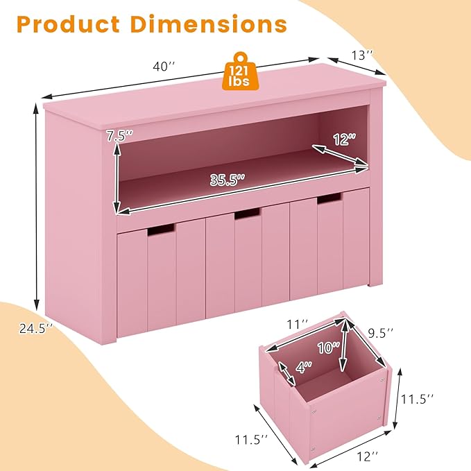 HONEY JOY Kids Toy Storage Organizer, Children Daycare Shelf, 3 Wooden Toy Box w/Wheels, Toddler Classroom Display Cabinet for Playroom, Nursery, Kindergarten (Pink)