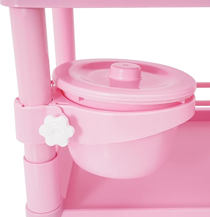 Medical Mobile Trolley Cart with 1 Drawers & 2 Trash Cans, 3 Tiers Portable Beauty Salon Rolling Trolley on Wheels, Medical Mobile Trolley Cart for Hospital Clinic Home, Pink