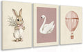 kilamino Pink Baby Girl Nursery Wall Art, Neutral Cute Rabbit and Swan Wall Decor, Vintage Hot Air Balloon Poster Prints, Pastel Bunny Animals Canvas Paintings for Baby Room Playroom Framed 12"x16"x3