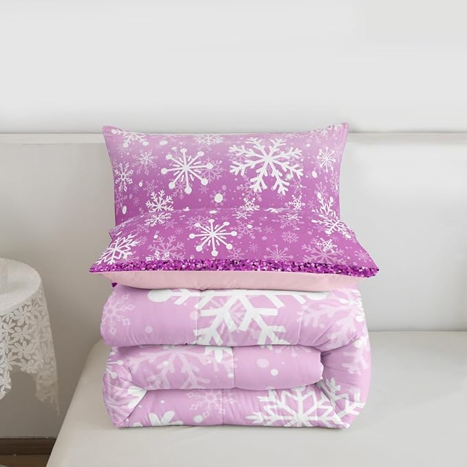 Feelyou Pink Snowflake Comforter Set Toddler Size Winter Snowflake Bedding Set for Kids Boys Girls Christmas Duvet Quilt Glitter Print Bedroom Decor Microfiber 2 Pcs with 1 Pillow Cases