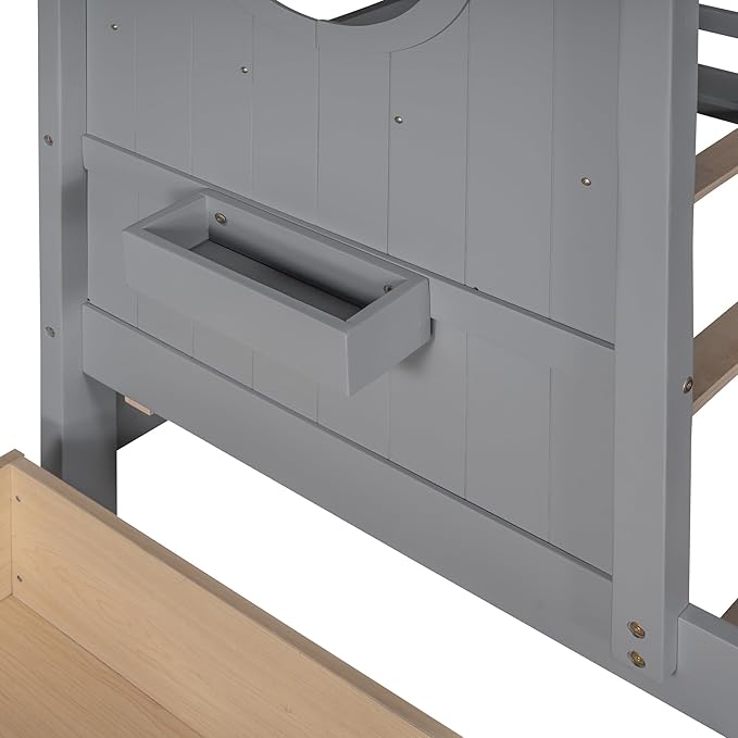 Linique Wooden Twin Size House Bed with 2 Drawers and Storage Shelf,Twin Platform Bed Frame with Pitched Roof,Gray