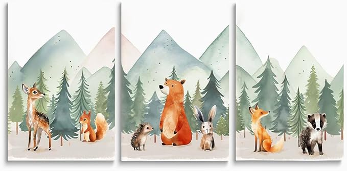 Forest Animals Mountain Adventure Nursery Decor, 3 Piece Watercolor Nusery Wall Art for Boys, Woodland Nursery Wall Decor, Baby Boy Girl Safari Room Wall Art, Framed Canvas, 12"x16"