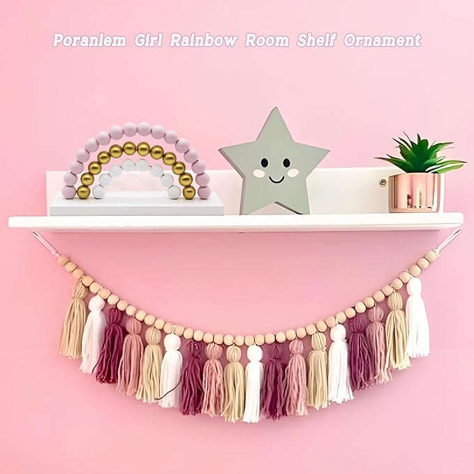 Girl Nursery Decor Rainbow Room Decoration Wooden Pink Bead Baby Gift Cute Wall Shelf Ornament Kids Playroom Boho Decorative 8.66 X 4.5 Inch Table Decor