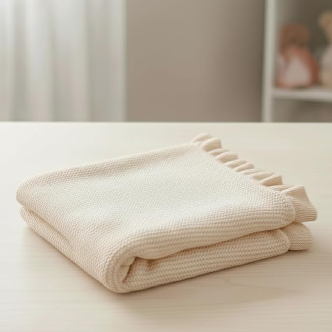 Cotton Baby Blanket with Ruffle Edge Soft Breathable Newborn Blanket for Boys & Girls, Lightweight Knit Throw for Crib, Stroller & Nursery Multiple Colors Available Cream 30x40