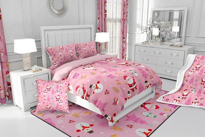 Feelyou Christmas Kids Comforter Set King Size Happy New Year Bedding Set Santa Claus Duvet Quilt for Kids Boys Girls Bedroom Merry Christmas Decor Microfiber Ultra Soft Breathable