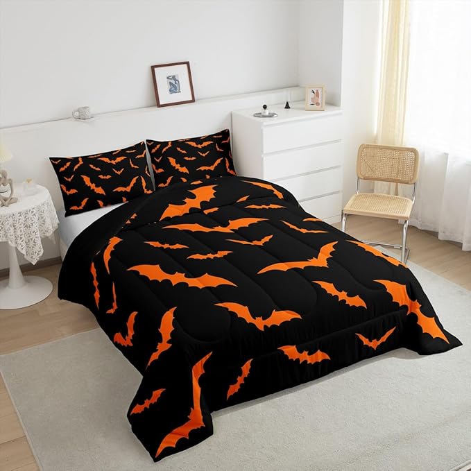 Erosebridal Happy Halloween Quilt Toddler Size for Kids Boys Bats Animal Silhouette Comforter Set Orange Bats Animal Bedding Set Gothic Spooky Down Comforter with 1 Pillow Case