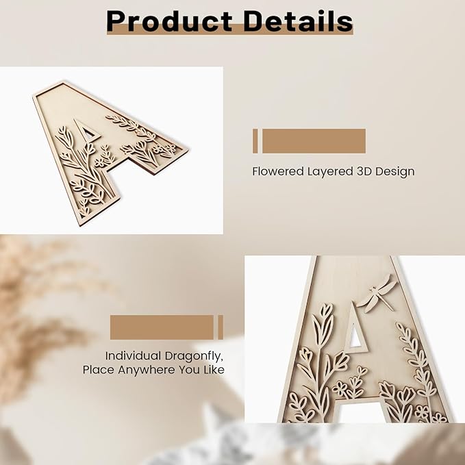 Layered 12 Inch Large Wooden Letters for Wall Decor, Flowered Paintable Wooden Nursery Letters for Crafts Wood Alphabet Letter S for Birthday Boho Nursery Name Sign Wedding Home Decoration