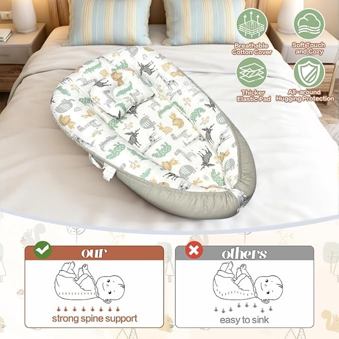 JIFTOK Baby Nests Lounger for Newborn, Snuggle Sleeping Bassinet for 0-24M, Breathable Portable Co Sleeping Bed, Baby Essentials Adjustable Infant Soft Cotton Loungers for Home & Travel -Zoo