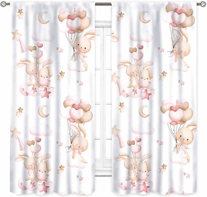 Rabbits Curtains, Kids Boys Girls Cartoon Cute Lovely Animals Moon Cloud Ballon Pastel Pink Window Drapery Treatments for Baby Living Room Bedroom Nursey Toddler 2 Panels, 63"x72" Inch