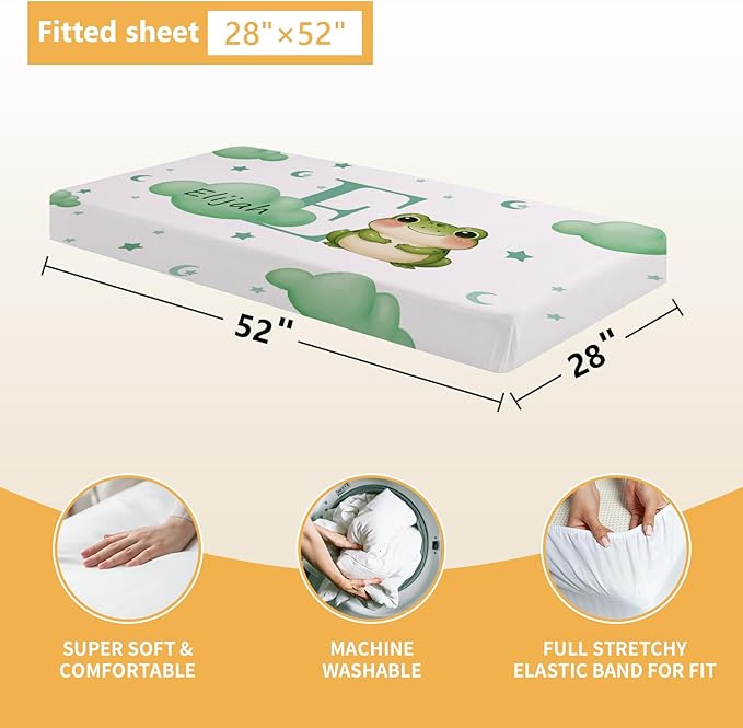5 Piece Customized Crib Bedding Set for Baby Boys - Custom Name Baby Crib Green Frog Nursery Bedding Set with Soft Blanket, Fitted Sheet, Rug, Personalized Gifts for Toddler, Newborn, Infant