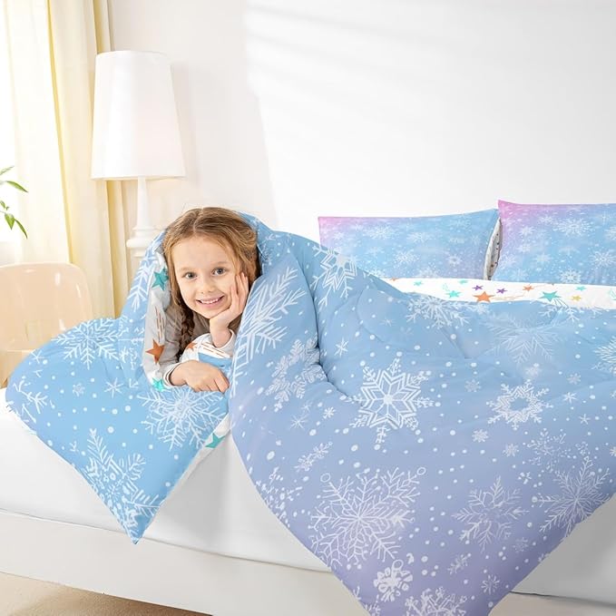 Feelyou Christmas Comforter Set All Season Winter Snowflake Bedding Set with 1 Pillow Cases Blue Purple Gradient Microfiber Kids Toddler Bedclothes Bedroom Decor Duvet Quilt Breathable Soft
