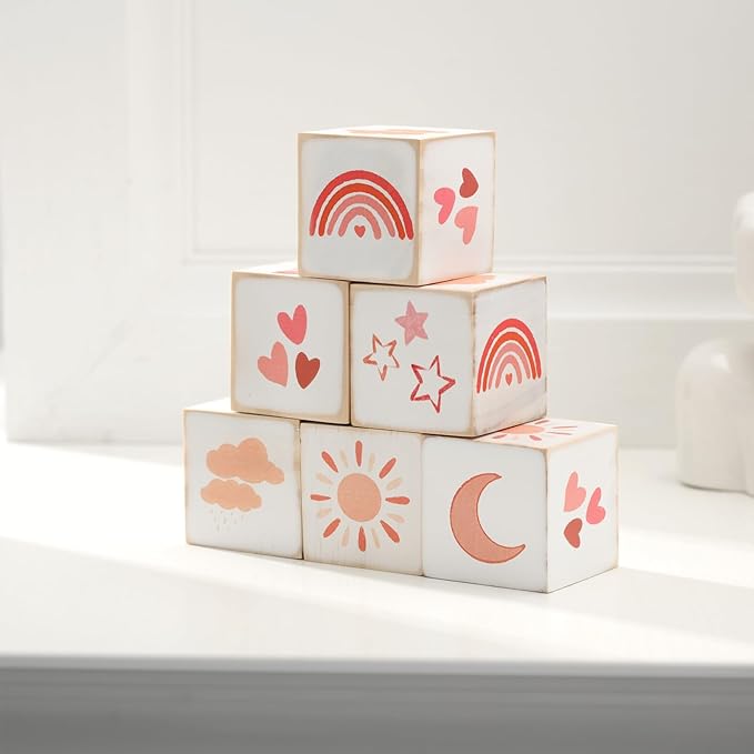 Kigley 6 Pcs Rainbow Nursery Decor for Girls and Boys Nursery Watercolor Shelf Decor Muted Rainbow for Minimalist Neutral Moon, Stars, Clouds Baby Blocks for Bedroom Playroom Gifts
