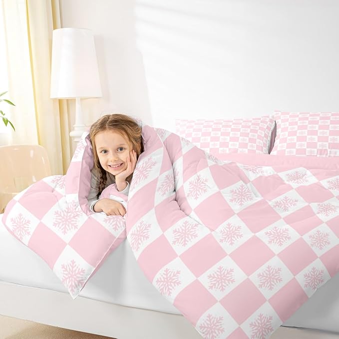 Feelyou Christmas Kids Comforter Set Toddler Size Checkered Bedding Set Snowflake Duvet Quilt for Kids Boys Girls Bedroom Xmas Decorations Decor Pink Microfiber Ultra Soft Breathable