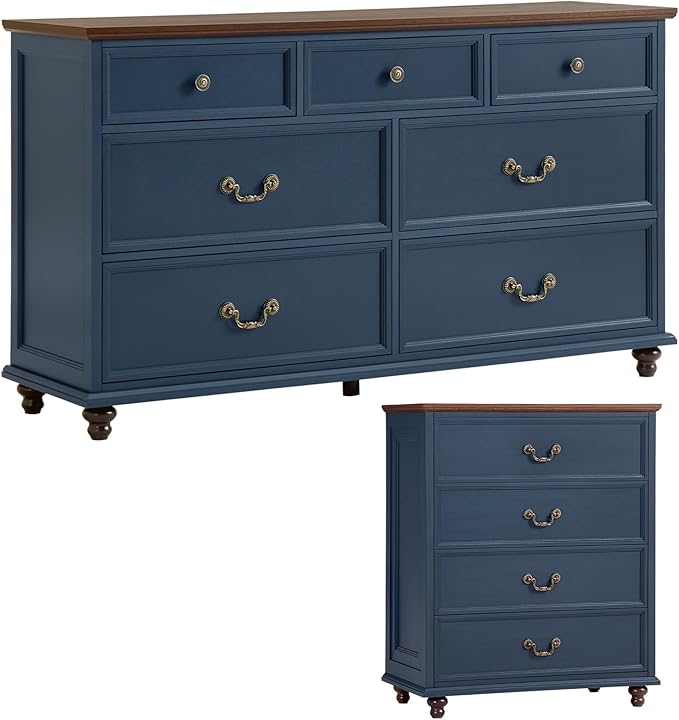 Bedroom Sets, 54" Wide 7 Drawers Dresser and 37" Tall 4 Drawers Dresser, Wooden 2 Piece Bedroom Furniture Set, Chest of Drawer for Bedroom, Home, Living Room, Hallway, Navy Blue
