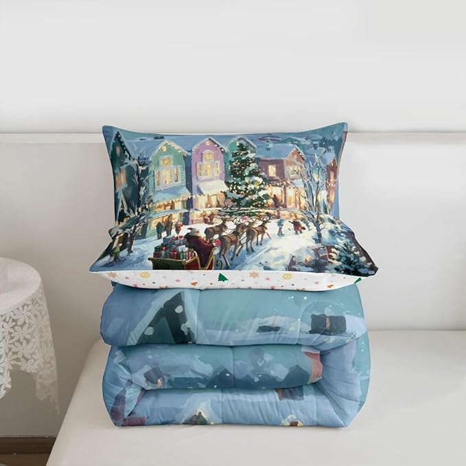 Feelyou Watercolor Christmas Comforter Set Toddler Size Santa Claus Bedding Set for Kids Boys Girls Reindeer Sled Duvet Quilt Xmas Tree Bedroom Decor Microfiber 2 Pcs with 1 Pillow Cases