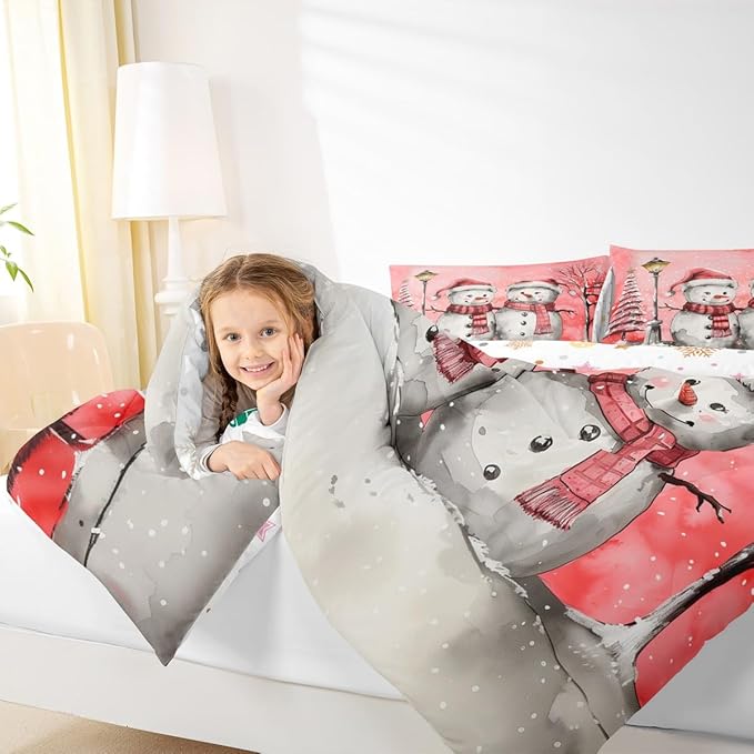 Feelyou Christmas Bedding Set Soft for Boys Girls, Pink Watercolor Snowman Comforter Set Toddler Size Xmas Winter Duvet Quilt Microfiber Snowflake Bedroom Decor 2 Pcs with 1 Pillow Cases
