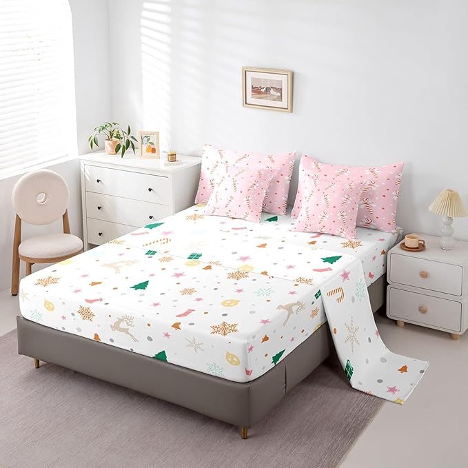 Feelyou Pink Christmas Girly Comforter Set with Sheets Kids Christmas Bowknot Bedding Set Boys Girls Bow Candy Decor Bed in a Bag Xmas Theme Bed Set Bedroom Queen Size