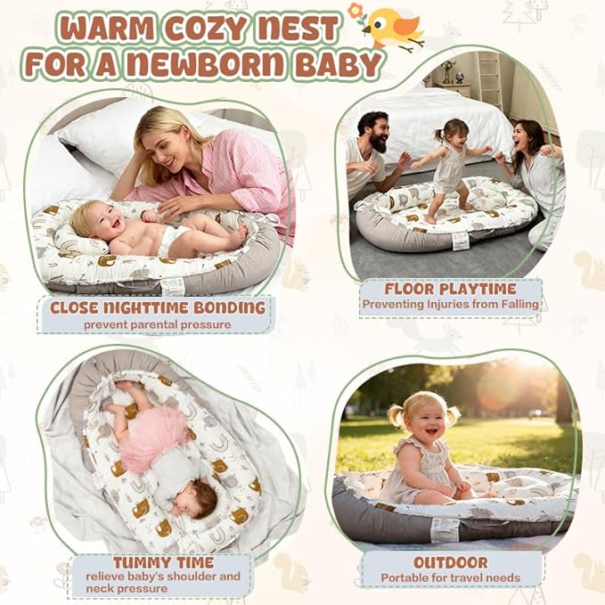 JIFTOK Baby Nests Lounger for Newborn, Snuggle Bassinet for 0-24M, Breathable Portable Co Bed, Baby Essentials Adjustable Infant Soft Cotton Loungers for Home & Travel -Elephant