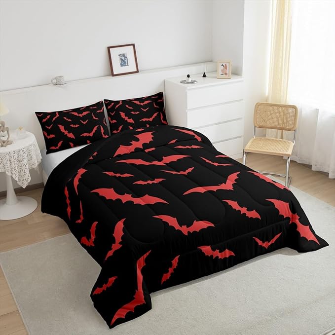 Erosebridal Bat Bedding Set Halloween Comforter Set with 2 Pillow Cases Red Bats Animals Quilt King Size for Kids Boys Bedroom Holiday Gothic Spooky Style Quilt