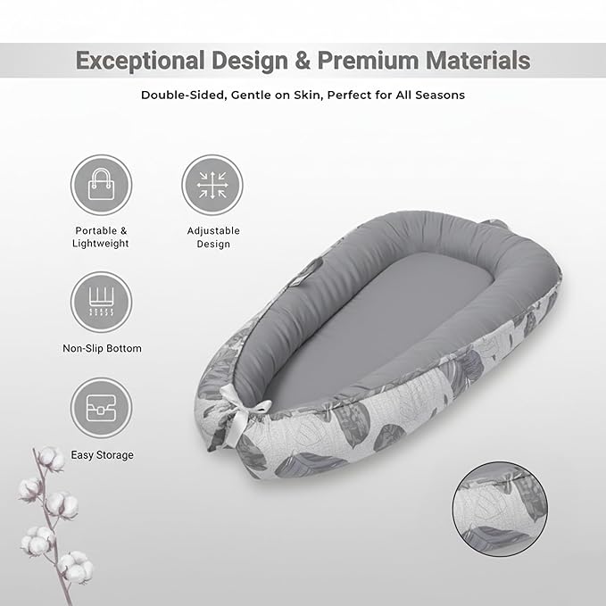 Baby Lounger – Infant Lounger for Newborn 0–24 Months, Baby Nest Lounger, Portable Newborn Lounger, Soft Breathable Cotton, Essentials for Babies at Home and Travel (Gray Feather)