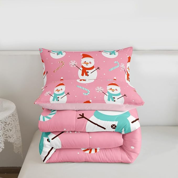 Feelyou Pink Christmas Bedding Set Soft for Boys Girls, Snowman Comforter Set King Size Snowflake Duvet Quilt Microfiber Candy Cane Bedroom Decor 3 Pcs with 2 Pillow Cases