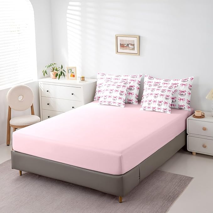 7 Pieces Cartoon Bowknot Kid Comforter Set Twin,Bow Tie Butterfly Knot Princess Bedding Set,Western Cowgirl Disco Ball Retro Pink White（Comforter+Fitted+Flat Sheet+2 Pillowcases+2 Throw Pillow Covers）