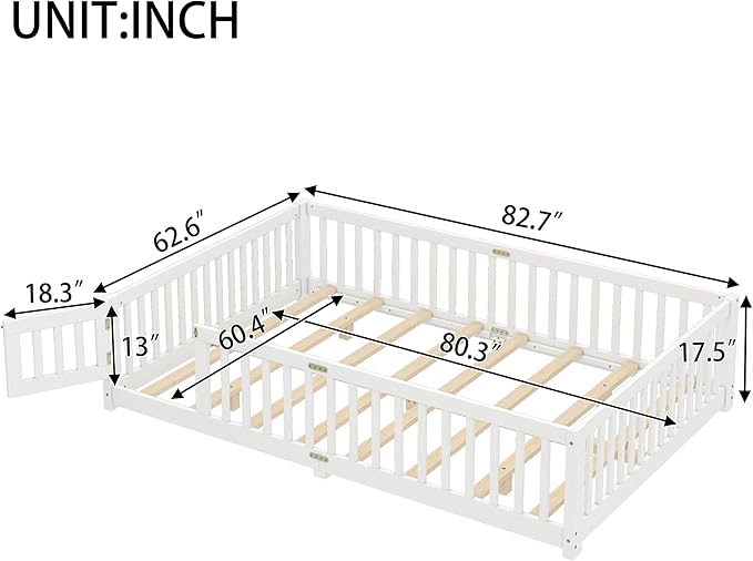 Harper & Bright Designs Queen Floor Bed Frame with Safety High Fence, Wood Montessori Beds with Door, Floor Bed Queen with Solid Wood Support Slats for Boys, Girls, Kids, White