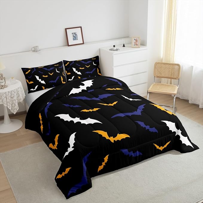 Erosebridal Bat Comforter Set King Size for Kids Boys Happy Halloween Decor Quilt with 2 Pillow Cases Bats Animal Silhouette Bedding Set Gothic Spooky White Duvet Insert,Orange