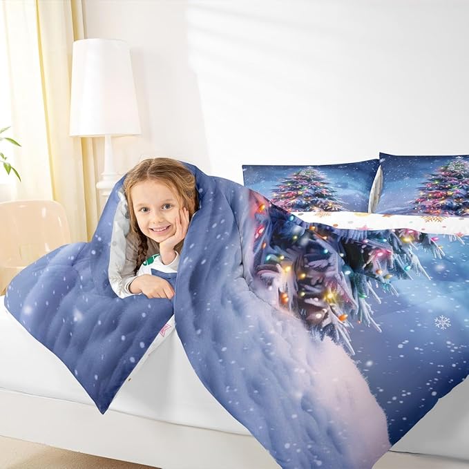 Feelyou Christmas Comforter Set All Season Xmas Tree Bedding Set with 2 Pillow Cases Colored Light Strips Microfiber Kids Full Bedclothes Snowflake Bedroom Decor Duvet Quilt Breathable Soft