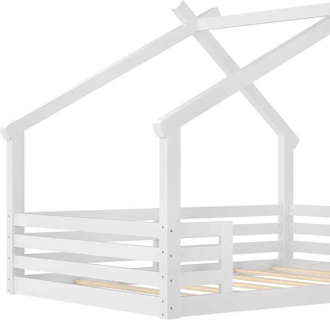 SOFTSEA Full Size House Bed Frame with Roof, Kids Floor House Bed with Window and Storage Shelf for Boys Girls, Wood Montessori Bed with Roof and Guardrails, White