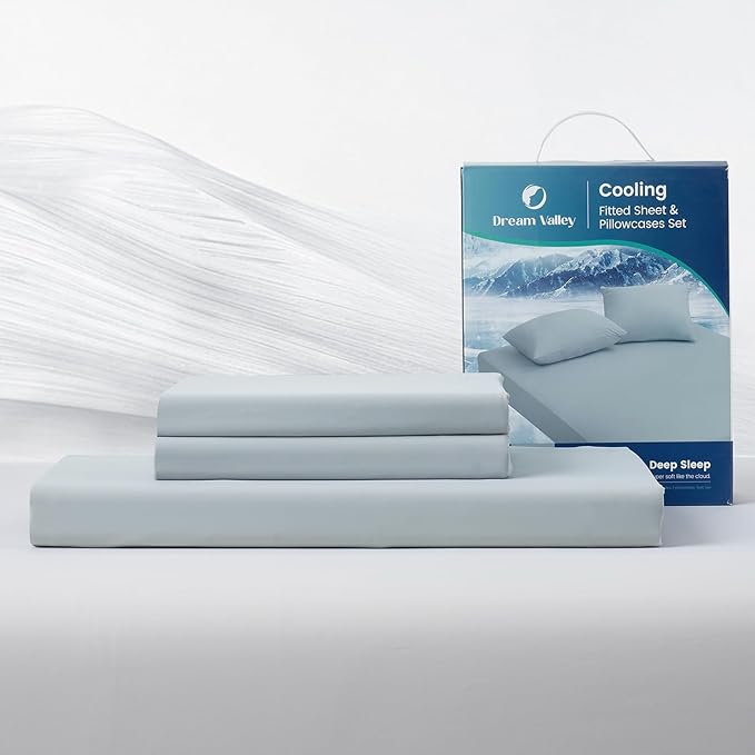 Dream Valley® Queen Sheet Set, Cooling Fitted Sheet with 2 Pillowcase-3 PCS with No Flat Sheet,Q-Max > 0.4 Aerocool, Cooling for Night Sweats, Hot Sleepers,deep Pocket up to 15",Cool Grey