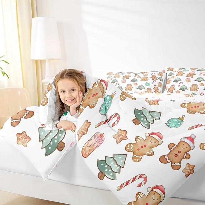 Feelyou Pink Gingerbread Comforter Set Twin Size Christmas Bedding Set for Kids Boys Girls Candy Cane Duvet Quilt Xmas Bedroom Decor Microfiber 2 Pcs with 1 Pillow Cases