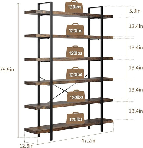 6 Tier Bookcase, 47 Inch Wide Wood Bookshelf, 120lbs Shelf Capacity Estante, Rustic Open Shelving Industrial Display with Reinforced Horizontal Brown Shelves for Living Room Bedroom Office